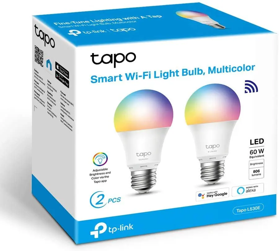 TP-Link Tapo L530E 2-Pack - Bombilla LED inteligente Wi-Fi, multicolor, regulable, E27, 8.7 W 806 lm, compatible con Alexa y Google Home