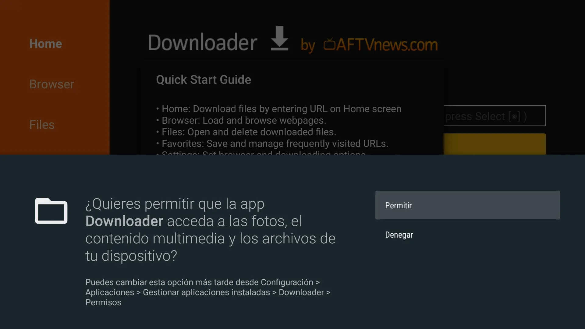 Permisos al abrir la app Downloader - Como instalar Apps externas en el Amazon Fire TV Stick