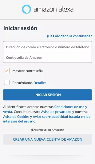 Amazon Alexa Iniciar sesión o registrarse Nuevo usuario