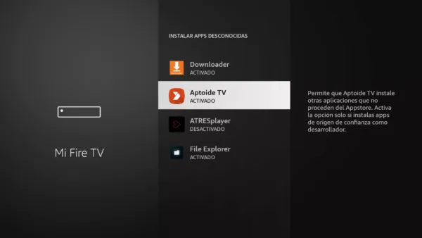 Dar permiso a la app Aptoide TV recién instalada para instalar apps externas
