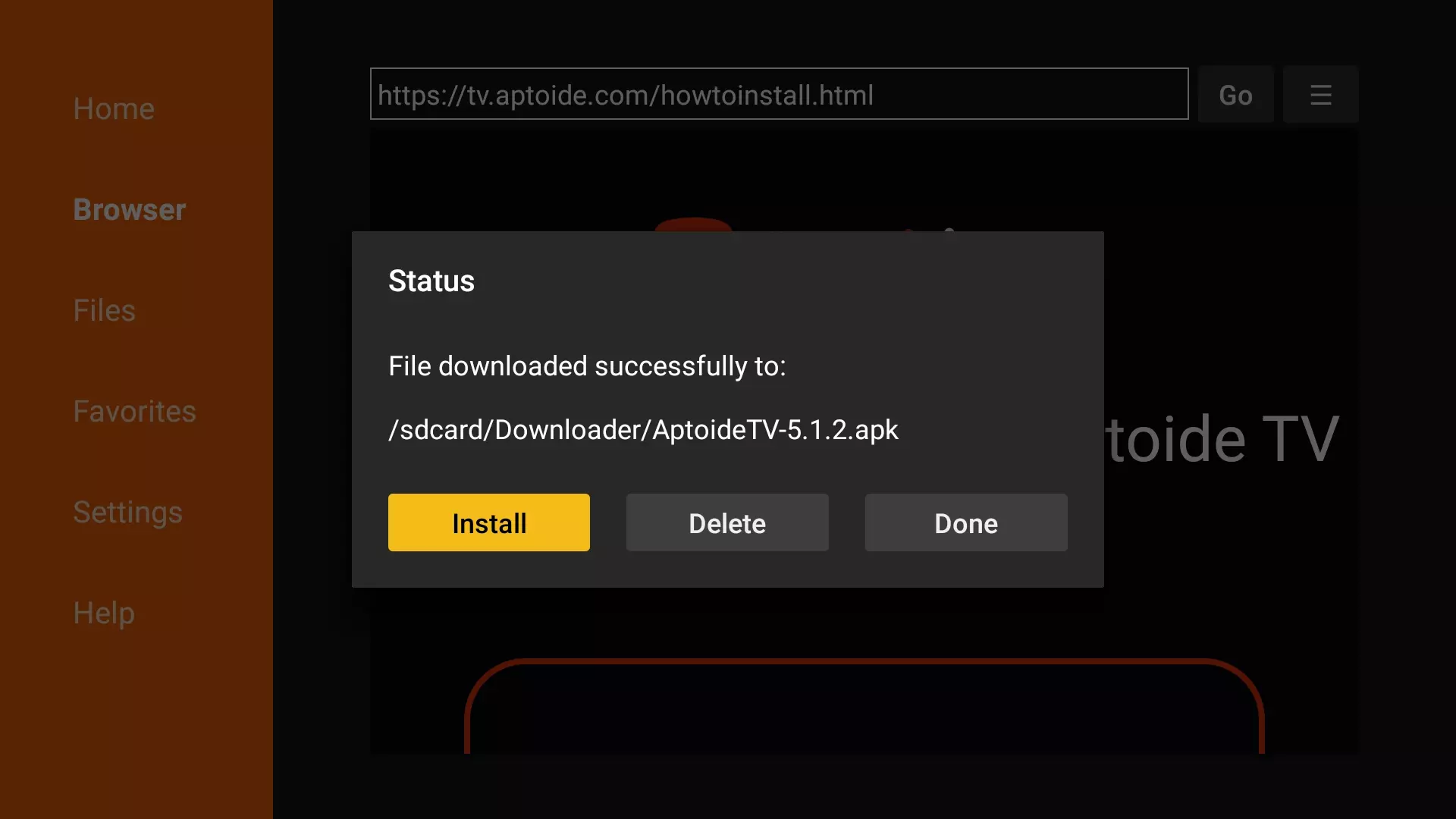 Opciones del Downloader una vez descargado el apk - Install