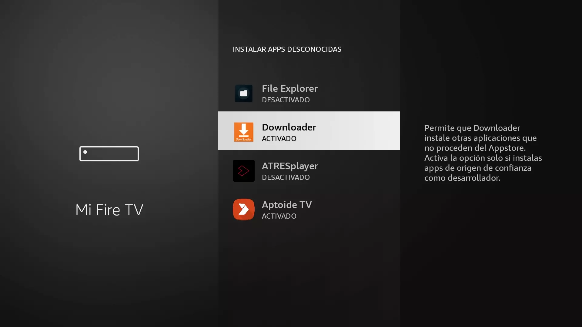 Permiso activado para que Downloader instale apps desconocidas en el Fire TV Stick