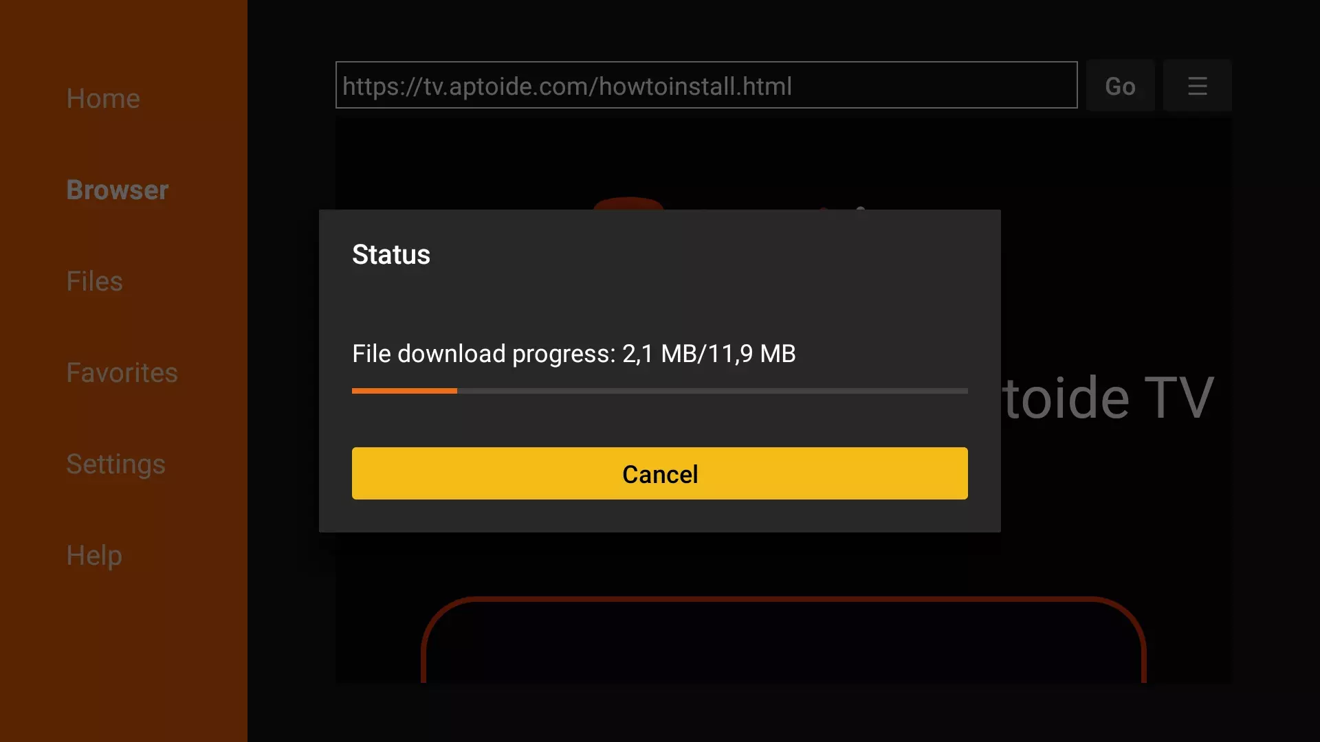Progreso descarga apk en Downloader para Fire TV Stick