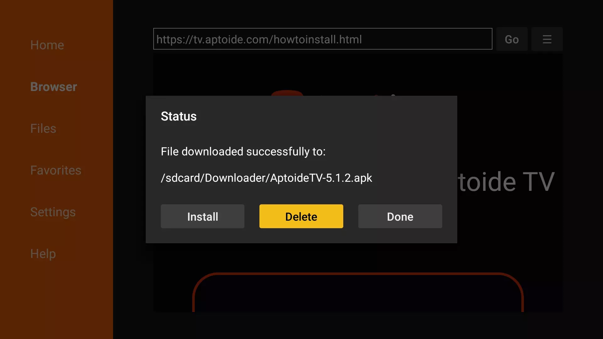 Pulsando listo con la app instalada aparecen las opciones del apk en downloader