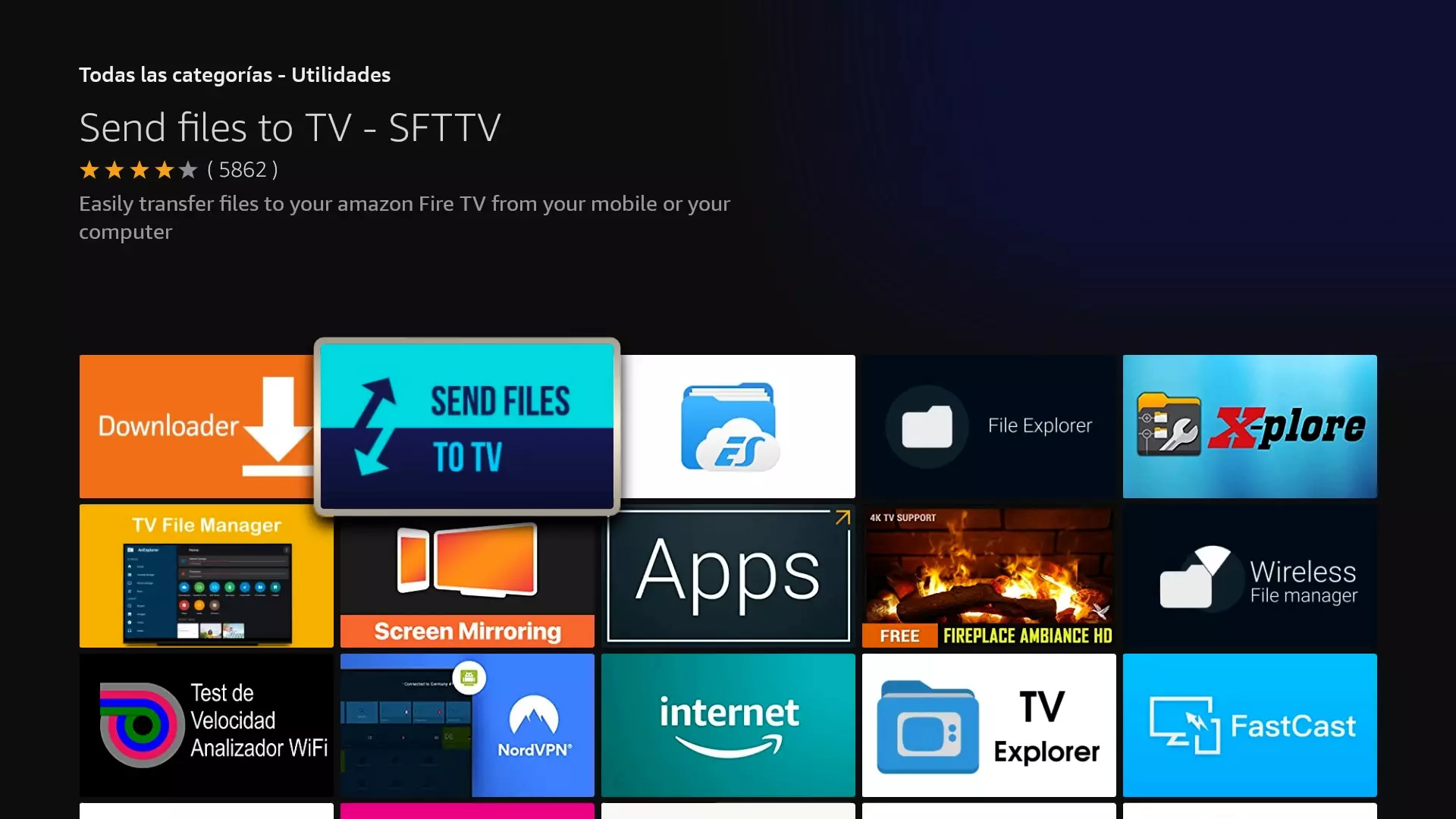 Selección de la app Send files to TV - SFTTT - en el appstore de Fire TV Stick 4K Max