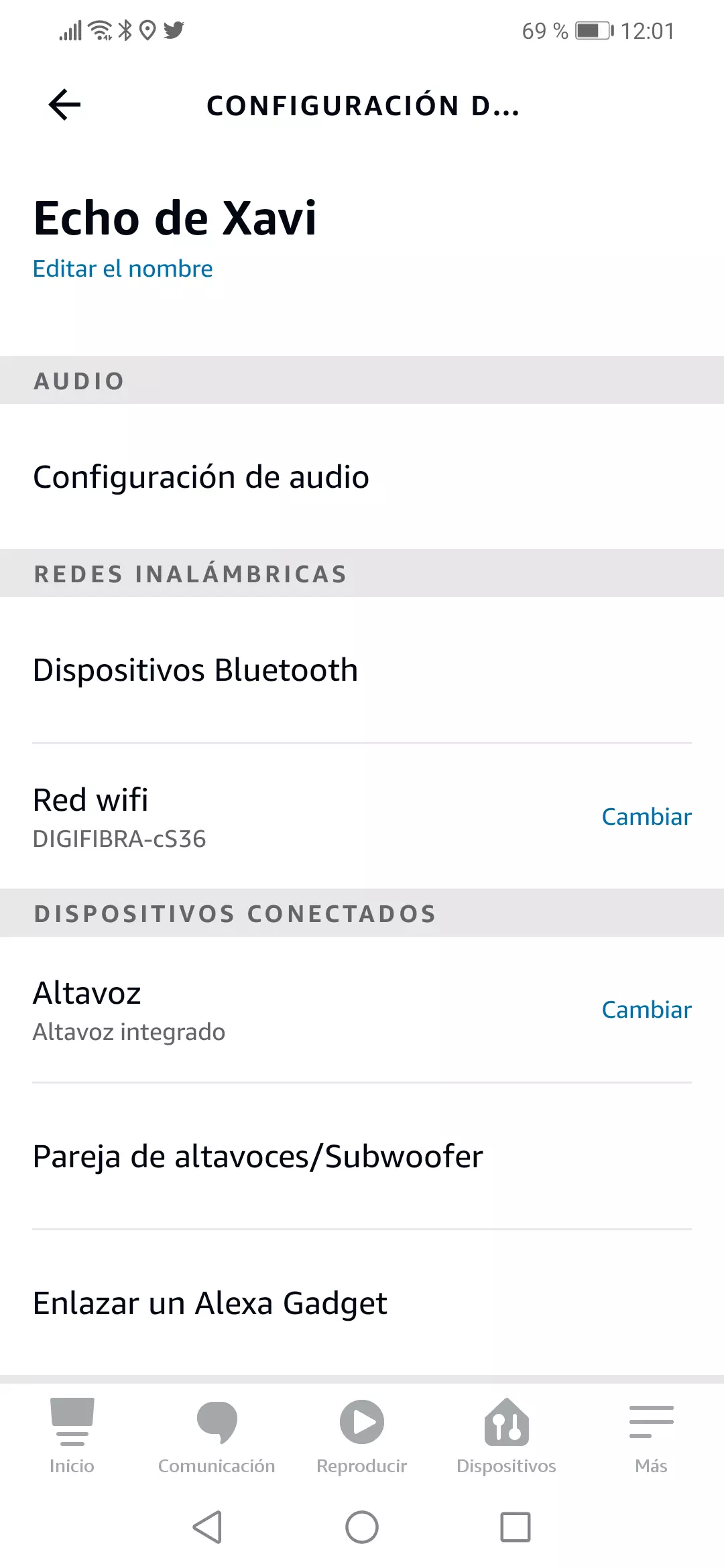 Acceso a configuración de dispositivo Echo en la app Alexa para modo no molestar