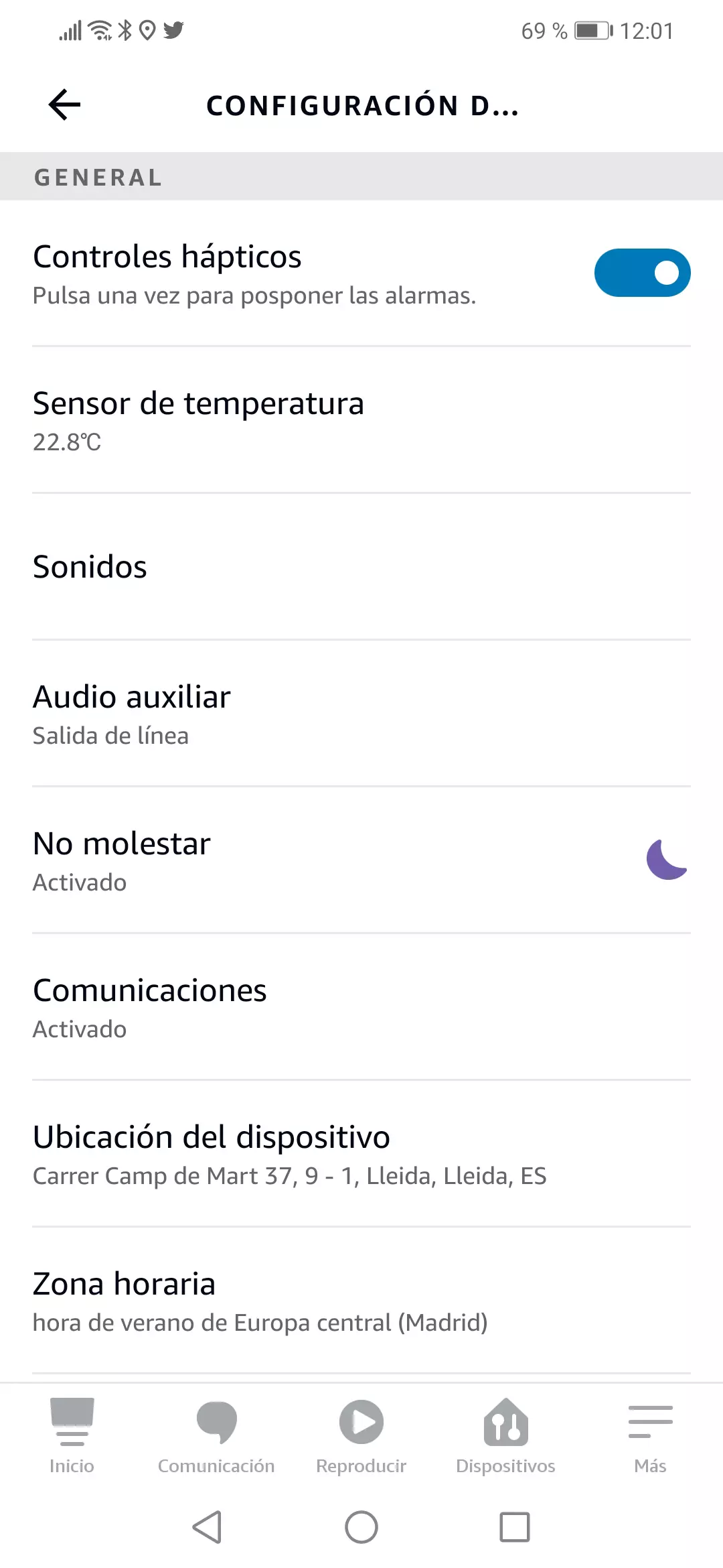 Acceso sección general de la configuración del dispositivo Echo en la app Alexa para modo no molestar