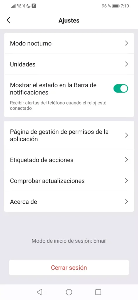 Opciones de Ajustes en la app Zepp