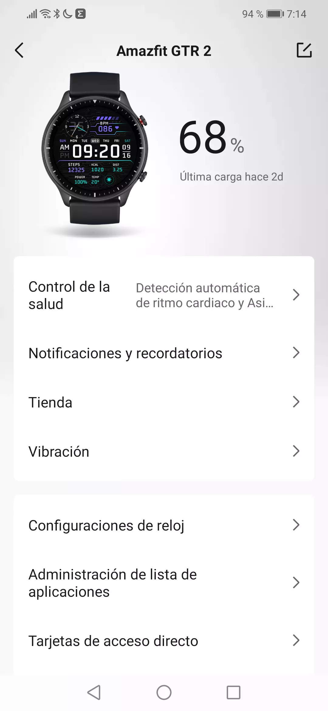 Opciones del dispositivo Smartwatch Amazfit GTR 2 desde la app Zepp del Smartphone