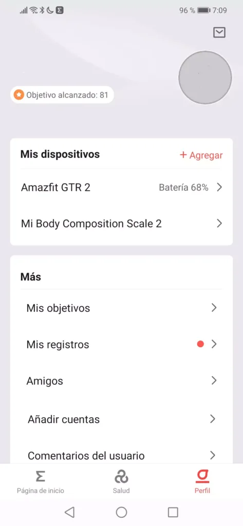 Página de perfil en la app Zepp del Smartphone
