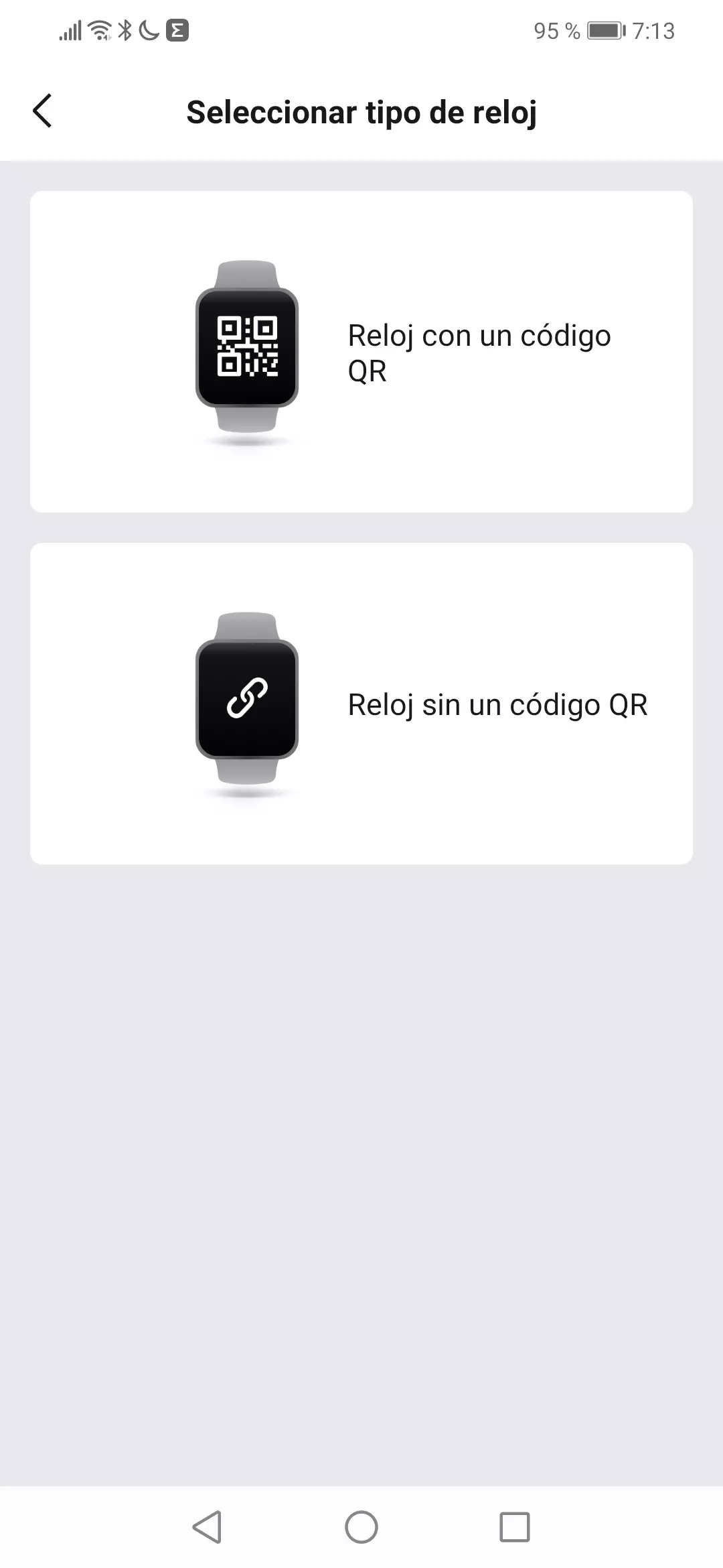 Selección de la forma de agregar el smartwatch a Zepp