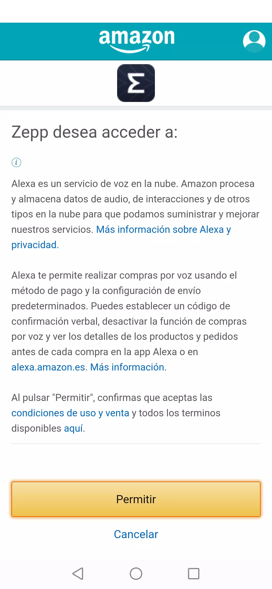 Solicitud de permiso de la app Zepp para acceder a Amazon Alexa