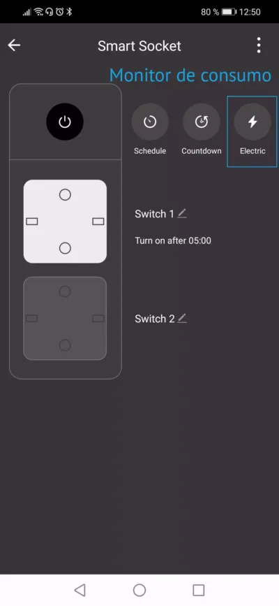 Vista de la funcionalidad monitor de consumo del enchufe inteligente wifi Gosund SP211 dentro de la app Gosund
