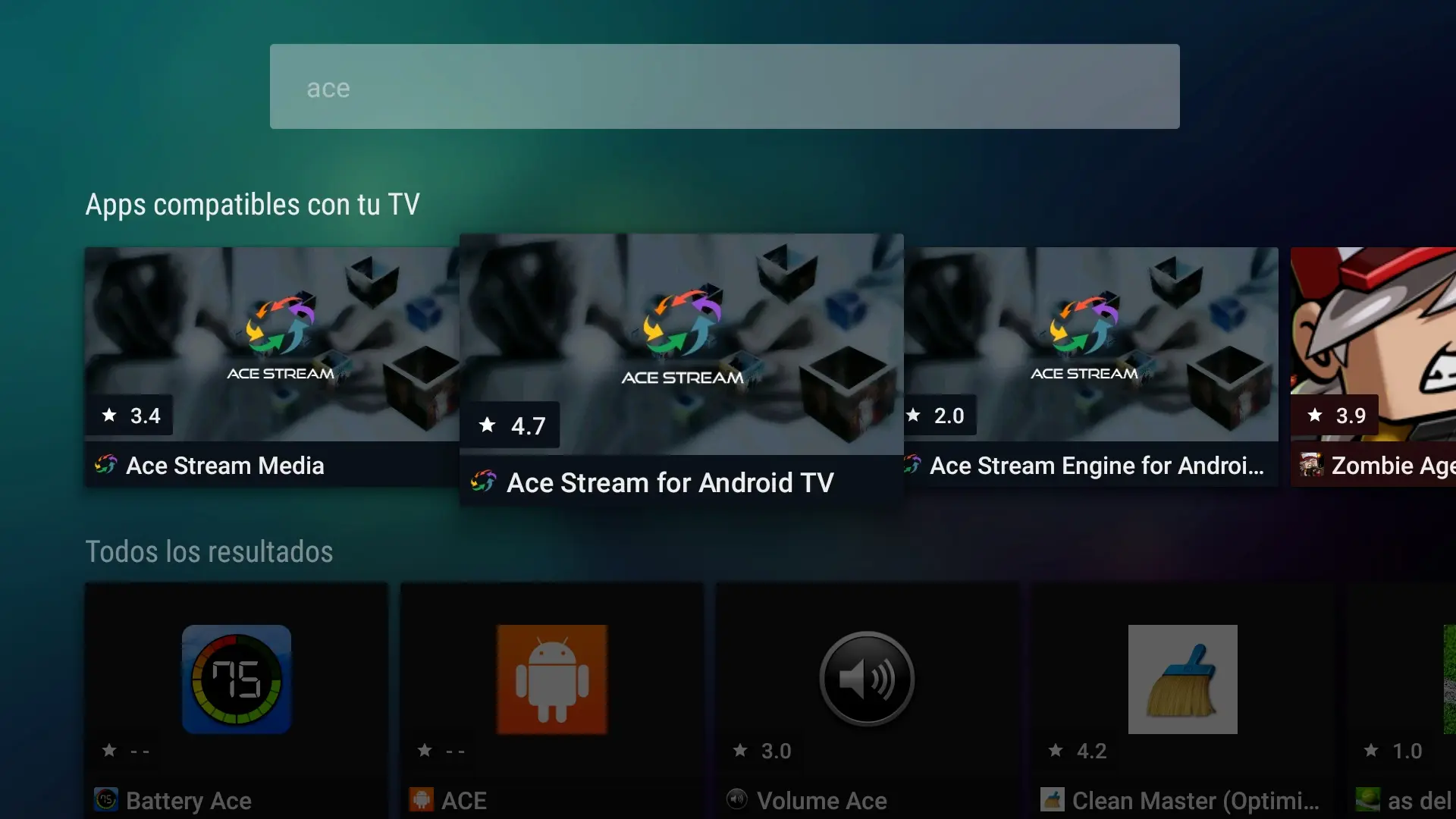 09 Búsqueda del Ace Stream for Android TV en la app Aptoide TV del Fire TV Stick