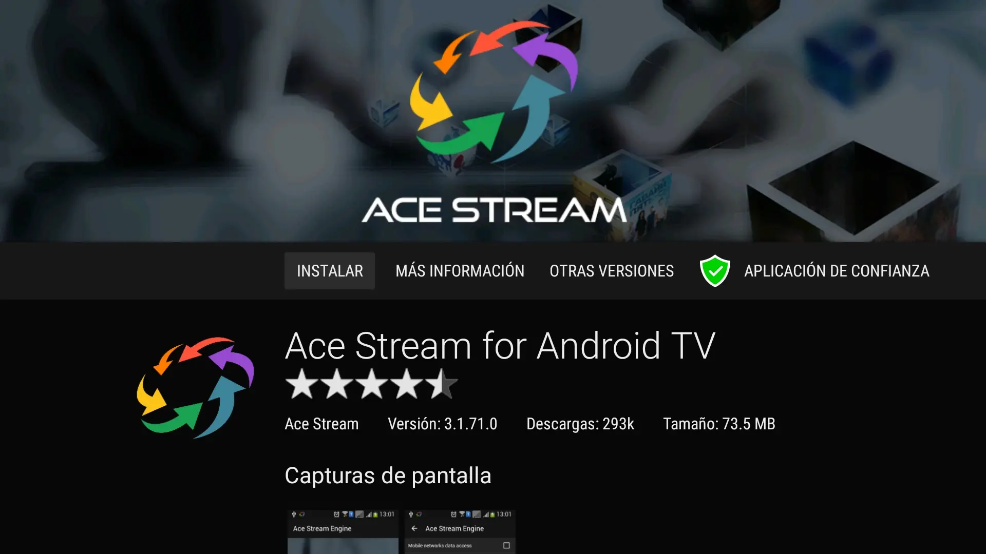 10 Pantalla de instalación del ACE STREAM for Android TV en la app Aptoide TV del Fire TV Stick