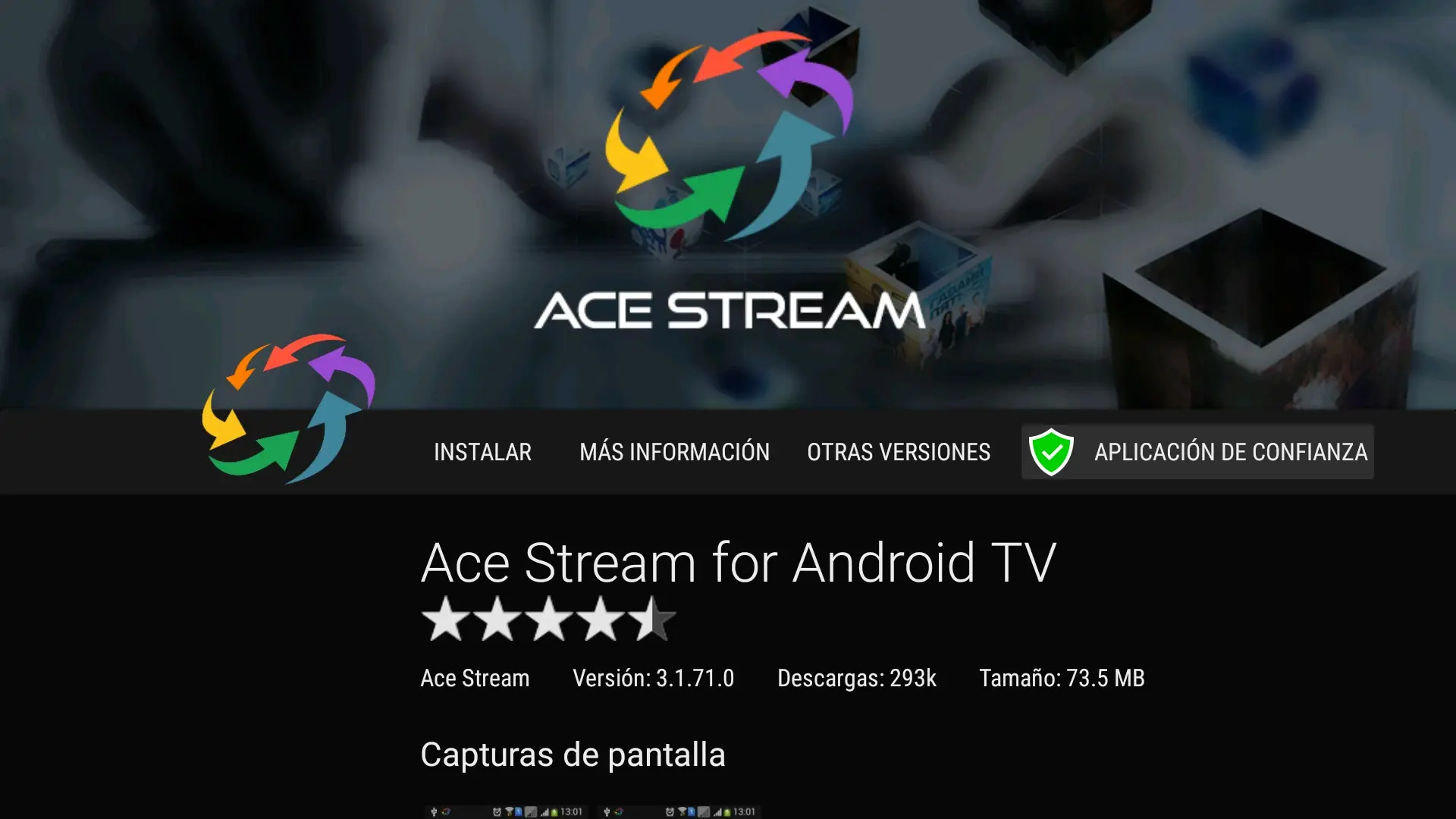 12 ACE STREAM for Android TV en Aptoide TV está marcada como aplicación de confianza