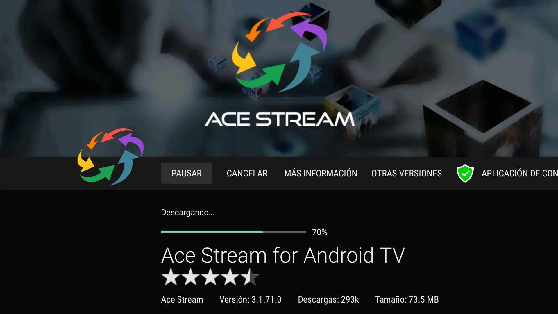 14 Proceso de descarga de la app ACE STREAM for Android TV iniciada desde Aptoide TV para el Fire TV Stick