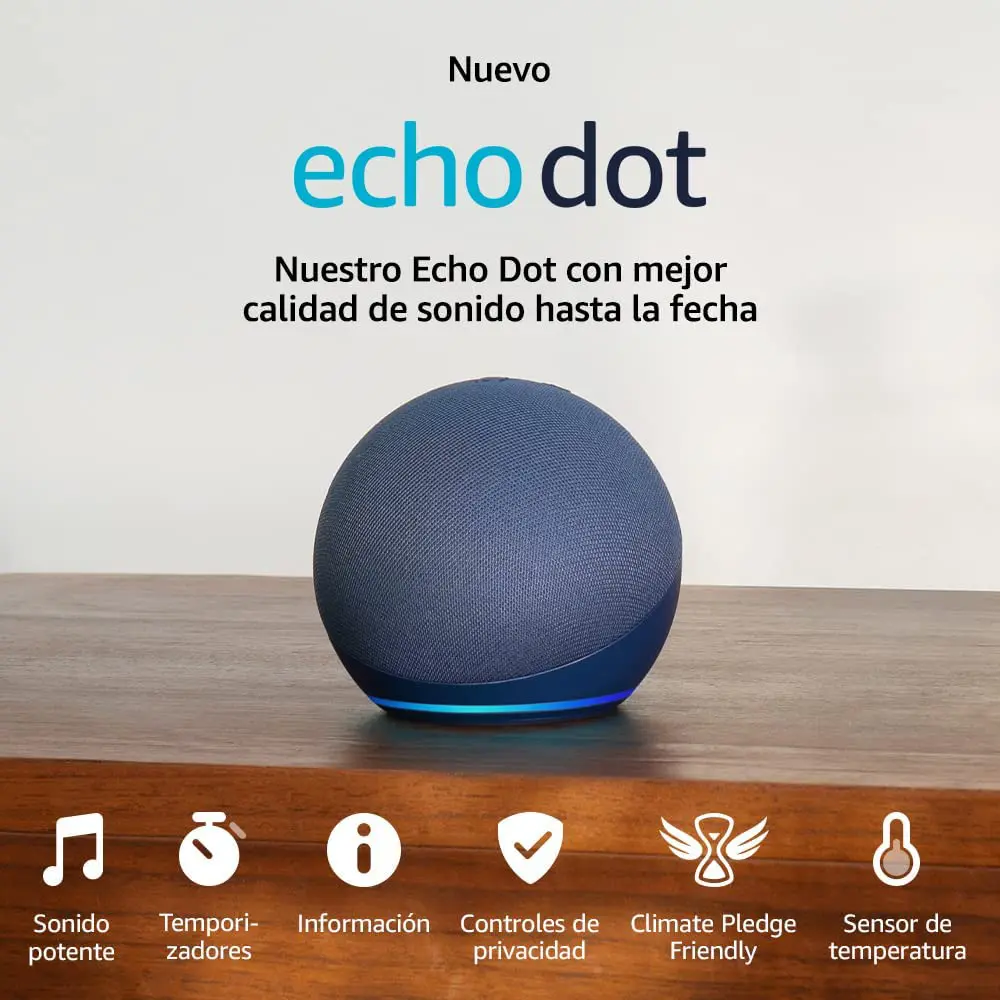 Nuevo Echo Dot (5.ª generación, modelo de 2022) | Altavoz inteligente con Alexa | Azul marino - Vista portada con funciones