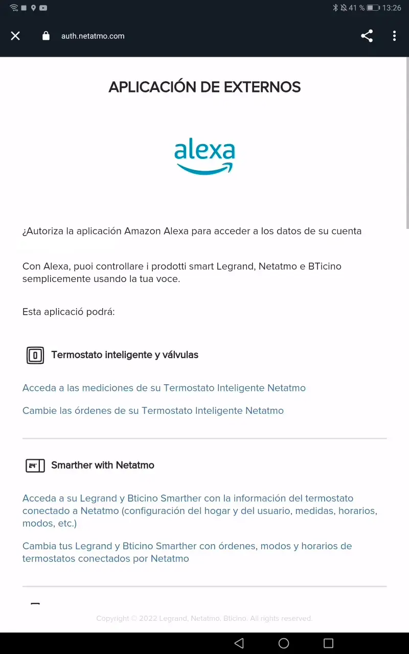 Autorización a Alexa para acceder a los datos de la cuenta Netatmo