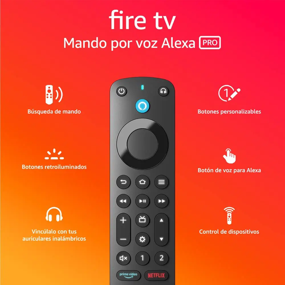 Mando por voz Alexa Pro con función de búsqueda del mando, controles de TV y botones retroiluminados para Fire TV