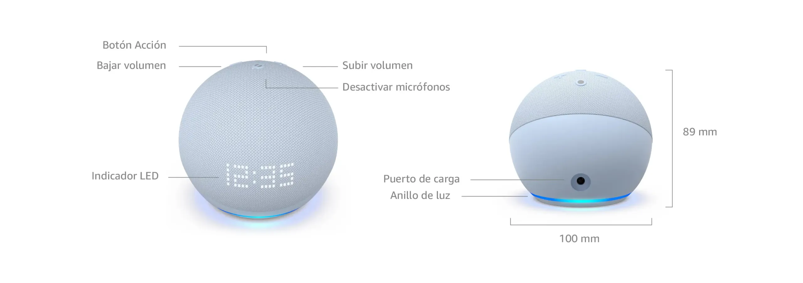 Descripción técnica del Echo Dot 5 con reloj y Alexa