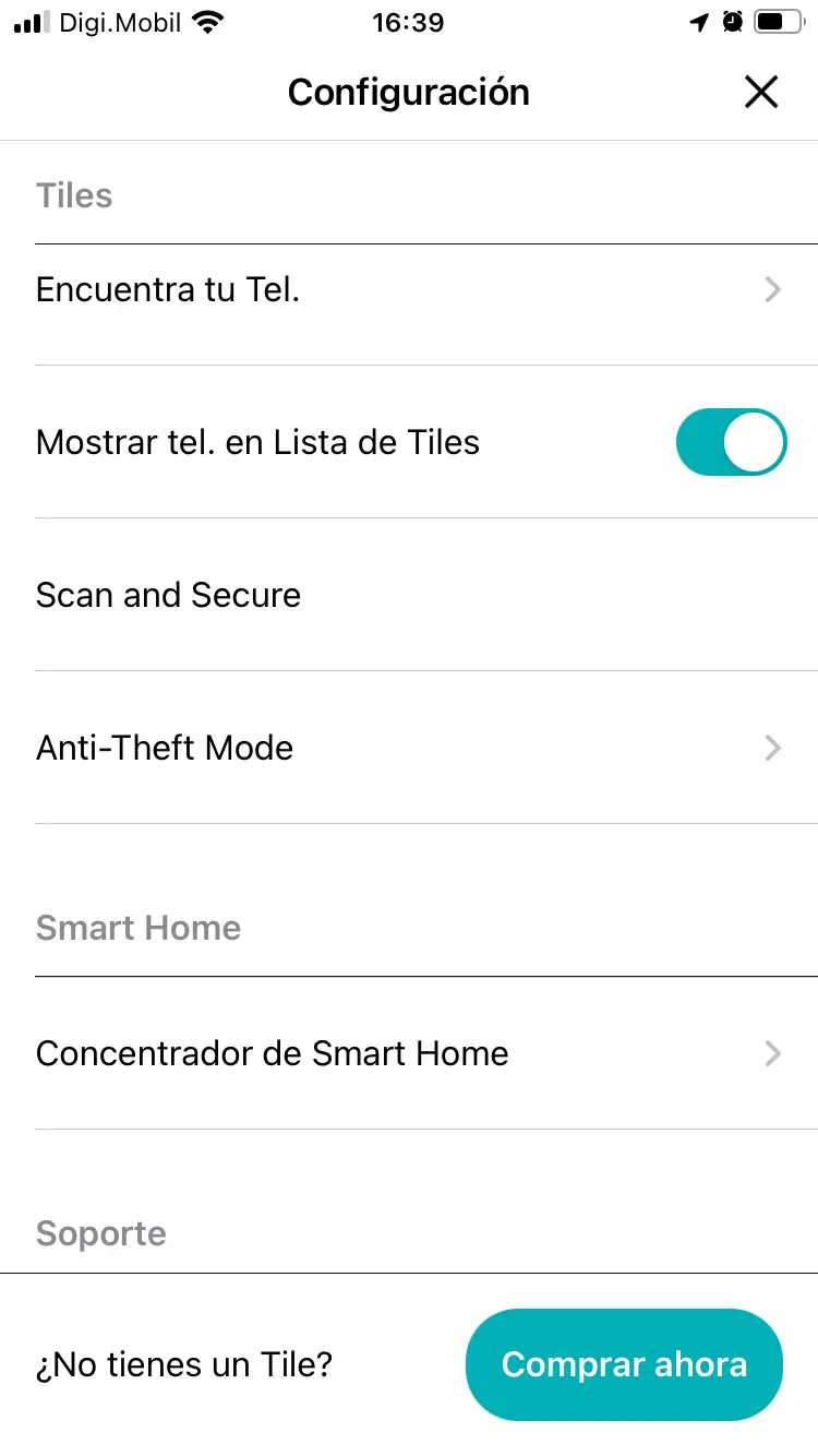 Configuración de la app Tile donde ya se ve la opción del modo Anti-theft o antirrobo disponible