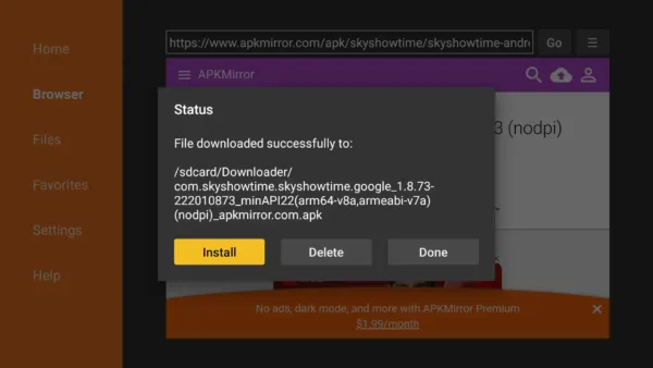Downloader - Browser - apkmirror - skyshowtime Android TV - descargar - nodpi - Install