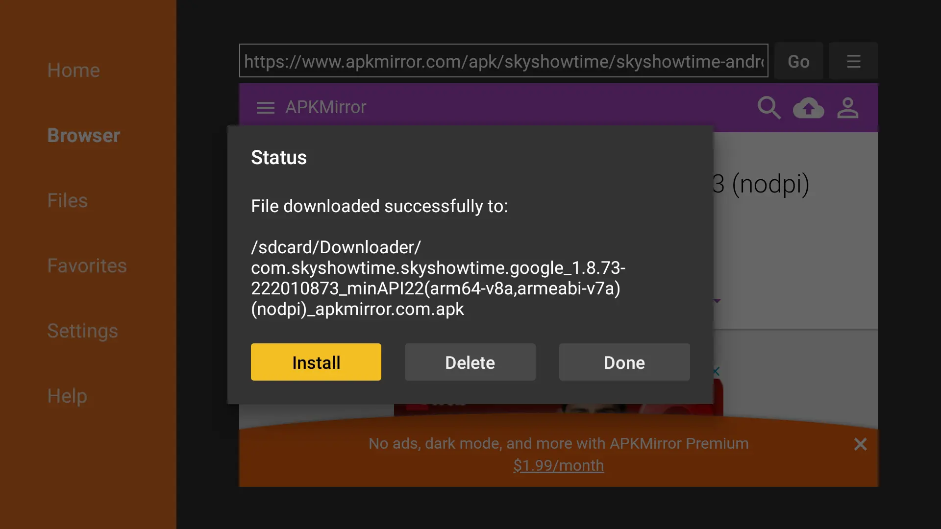 Downloader - Browser - apkmirror - skyshowtime Android TV - descargar - nodpi - Install