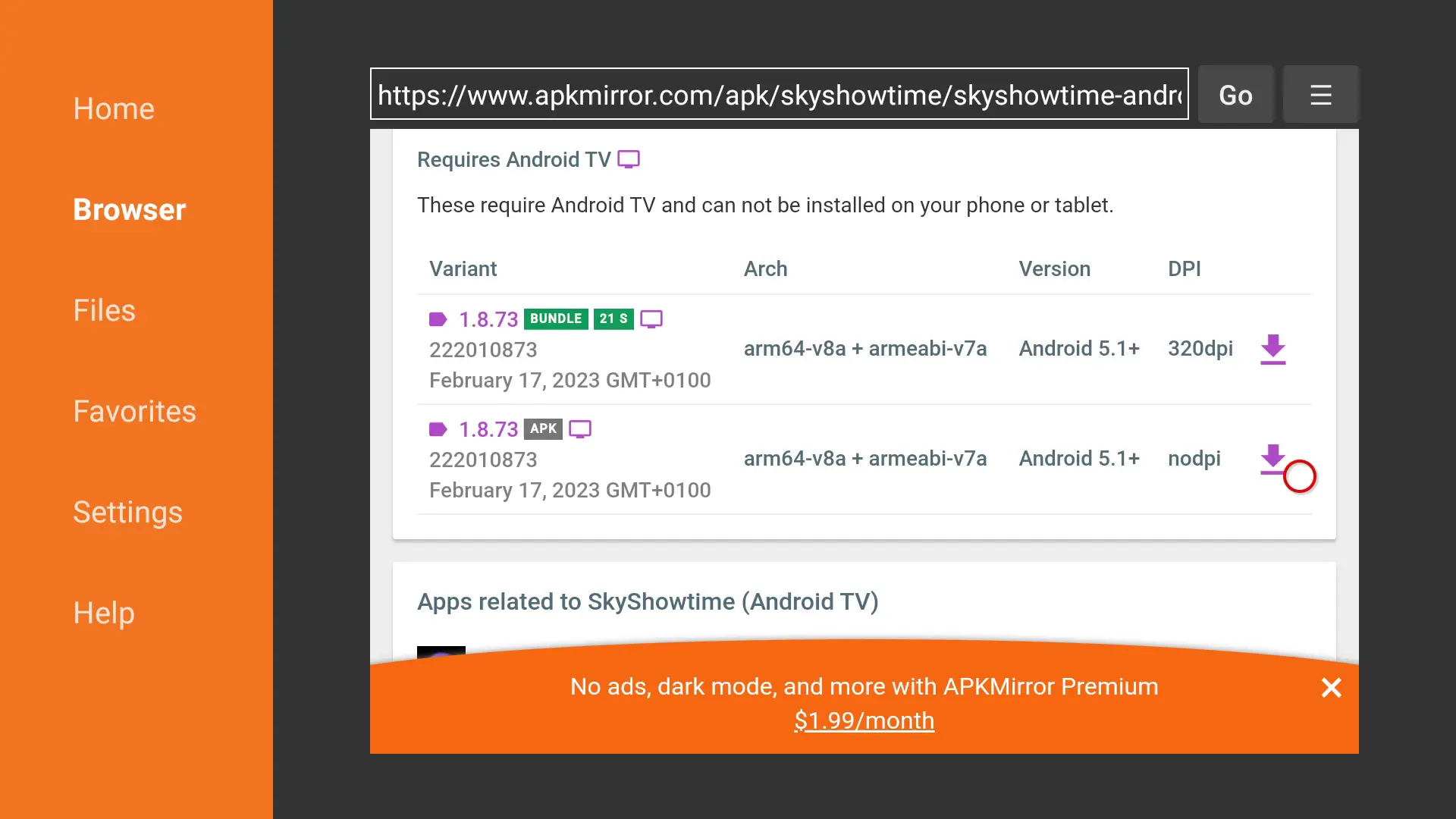 Downloader - Browser - apkmirror - skyshowtime Android TV - descargar - nodpi