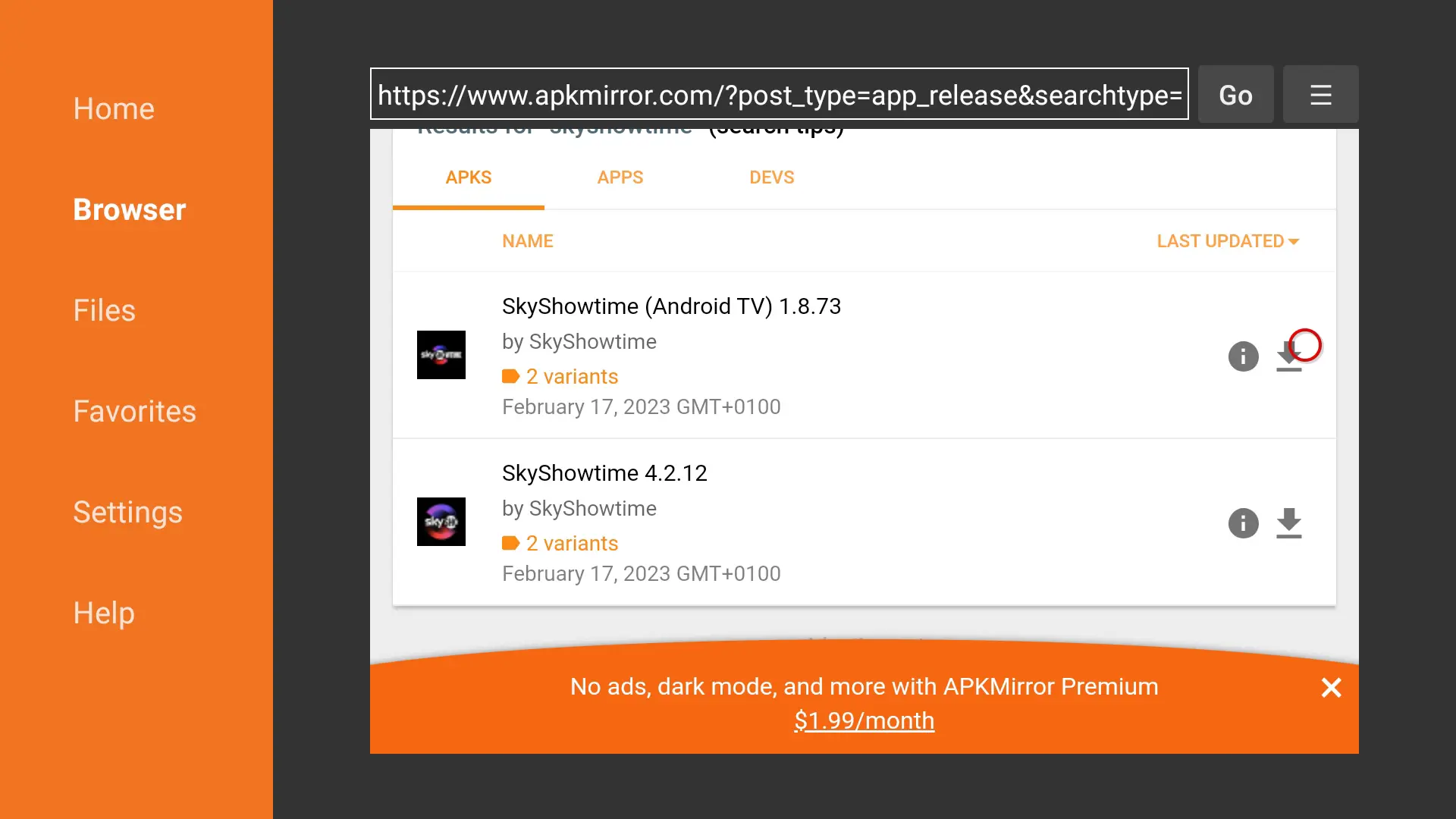 Downloader - Browser - apkmirror - skyshowtime Android TV - descargar