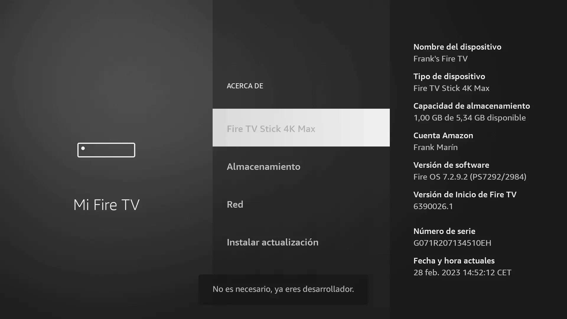 Fire TV Stick - Configuración - Mi Fire TV - Acerca de - Fire TV Stick