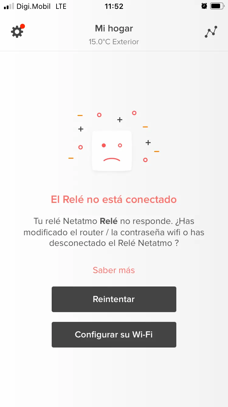 Al entrar en la app Netatmo aparece que el relé no está conectado - Habrá que configurar la Wi-Fi como propone la pantalla