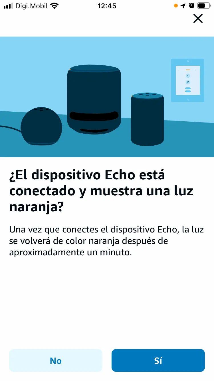 La app Alexa está esperando a que se le indique que el dispositivo Echo muestre una luz naranja, ahora ya se puede pulsar Sí