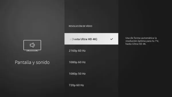 Panel de control del Fire TV Stick - Pantalla y sonido - Pantalla - Resolución - Hasta Ultra HD 4K