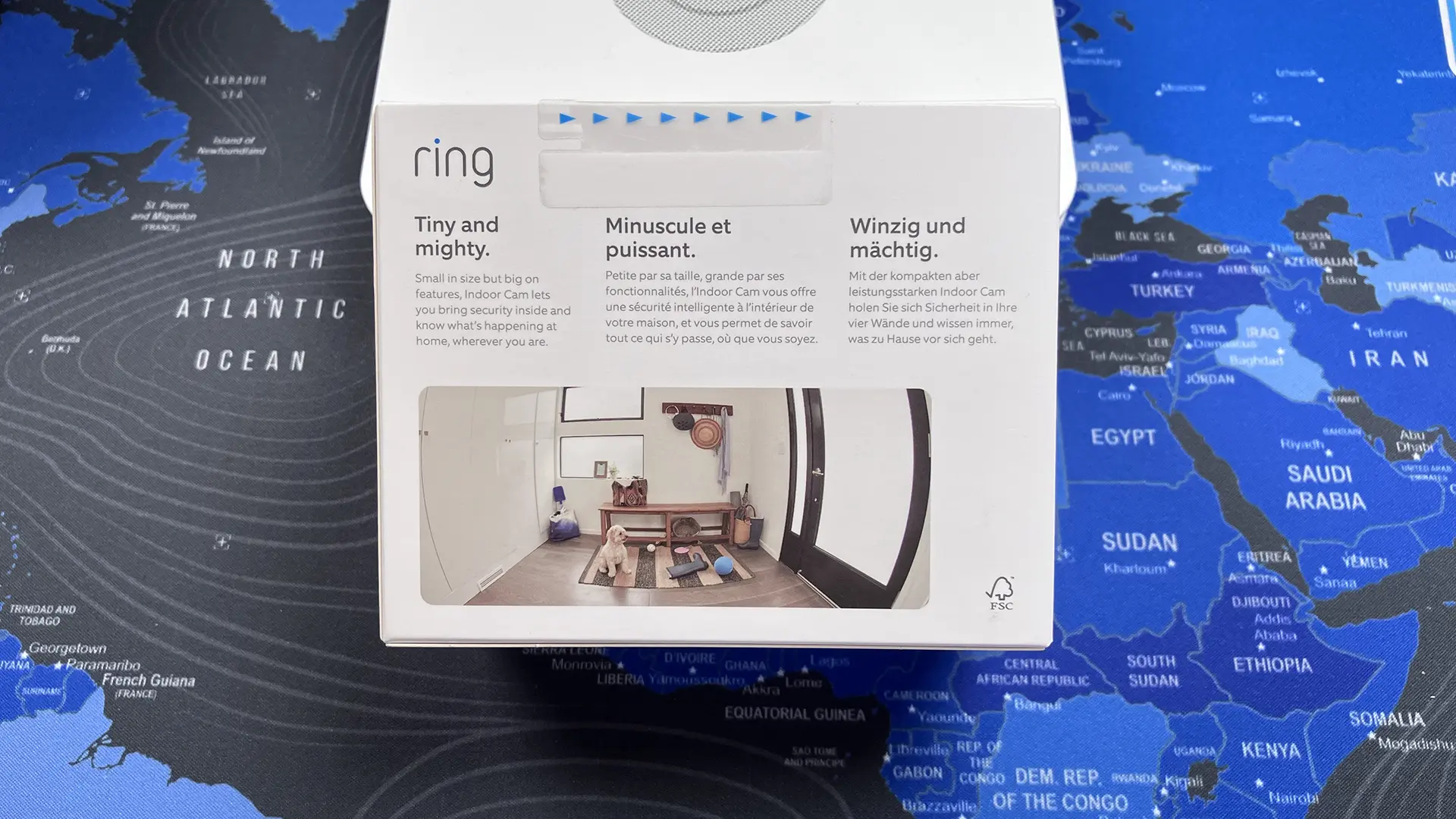 Ring Indoor Cam en su caja con su parte trasera mostrando una vista de su capacidad de visión